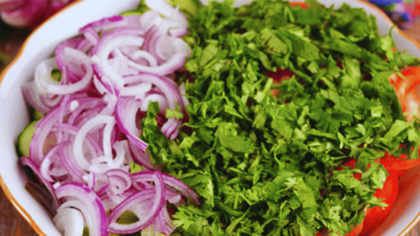 Georgian Salad with Special Dressing — everything mixed and ready